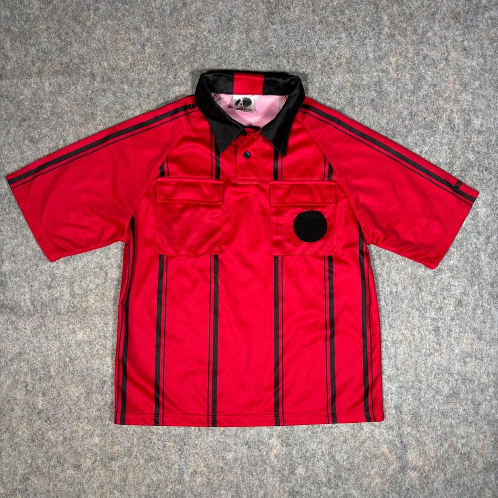Kwik Goal Referee Jersey Youth Red Black Striped Excellent Soccer‎ Polo Shirt